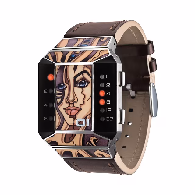 01TheOne Unisex Split Screen Art Edition Red LED Brown Leather Watch