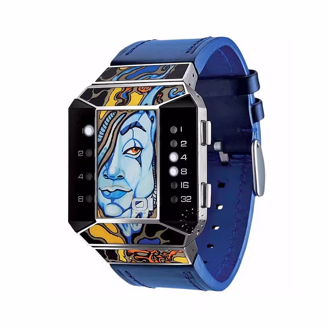 01TheOne Unisex Split Screen Art Edition White LED Blue Leather Watch