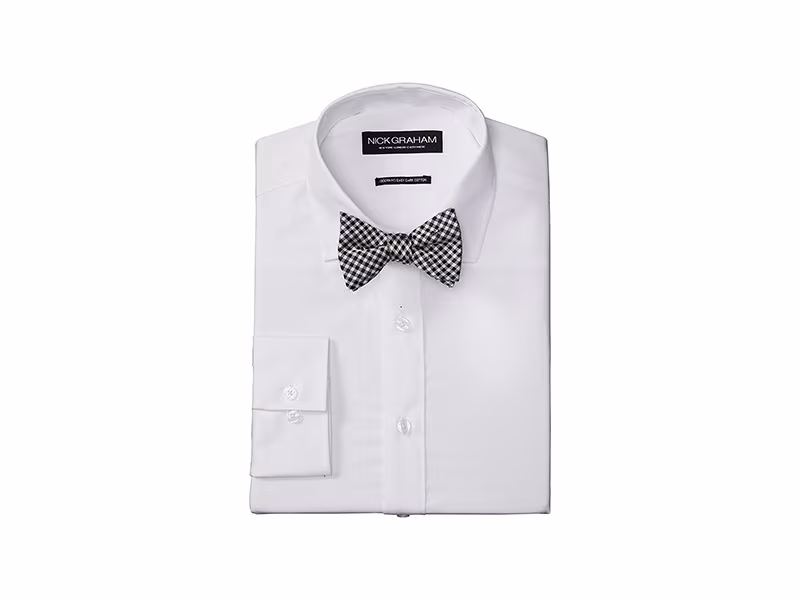 Nick Graham Solid Cotton Poplin Dress Shirt with Gingham Bow Tie