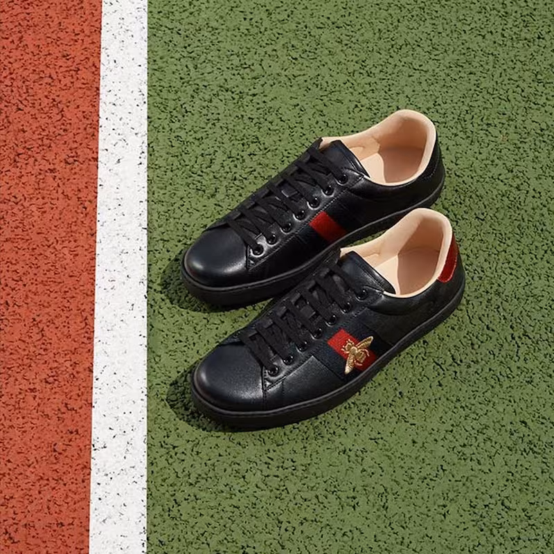 Gucci New Ace Bee-Embroidered Leather Trainers